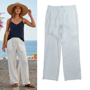 Nordstrom Signature Linen Blend Pants 12 White Straight Zip Drawstring Pockets